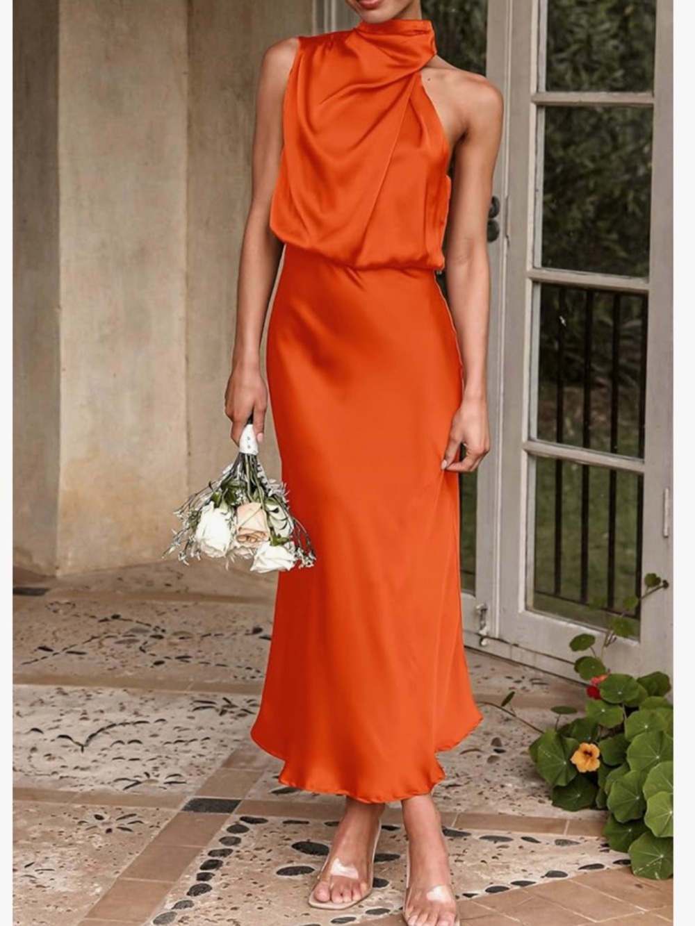 Orange Satin Mock Neck Dress - Picture 5 of 6